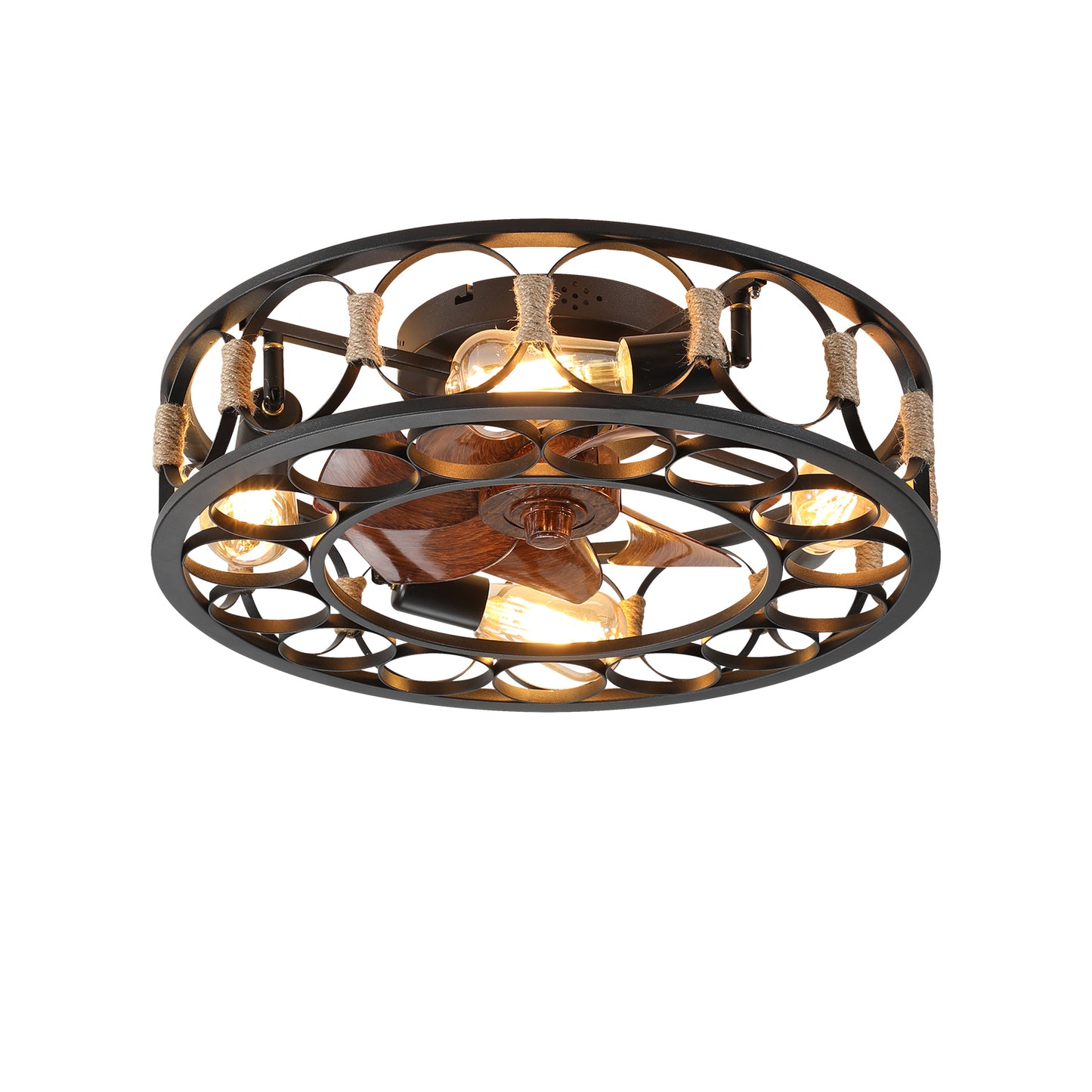 Rustic black metal ceiling fan light with exposed Edison bulbs and dark wood blades