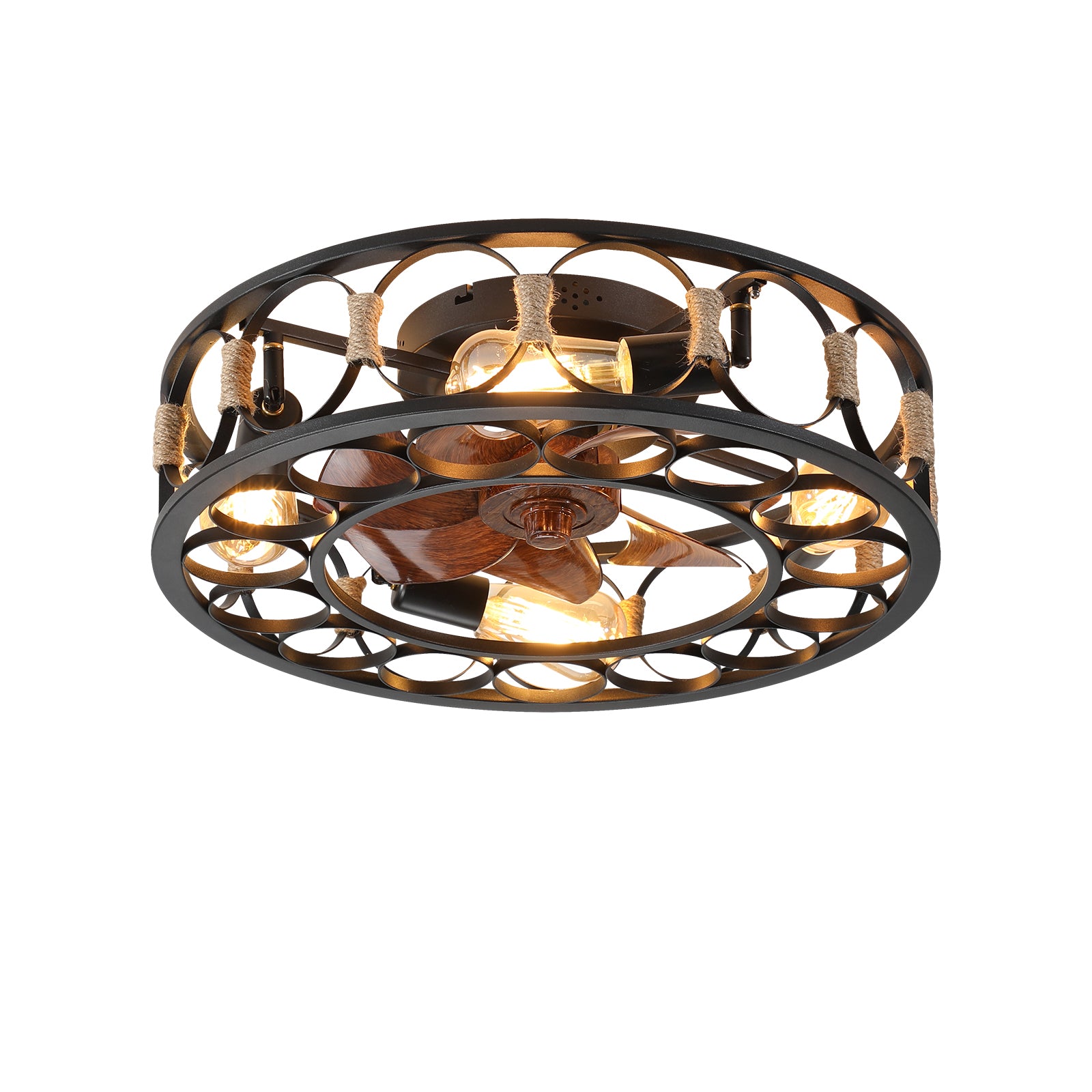 Rustic black metal ceiling fan light with exposed Edison bulbs and dark wood blades