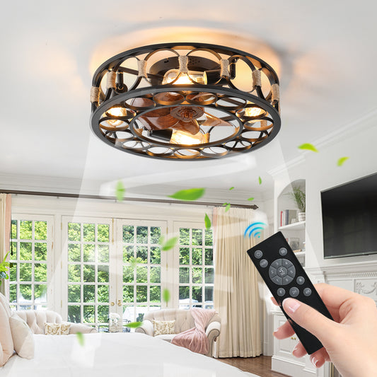 Rustic farmhouse ceiling fan with dark metal and rope accents featuring wood blades