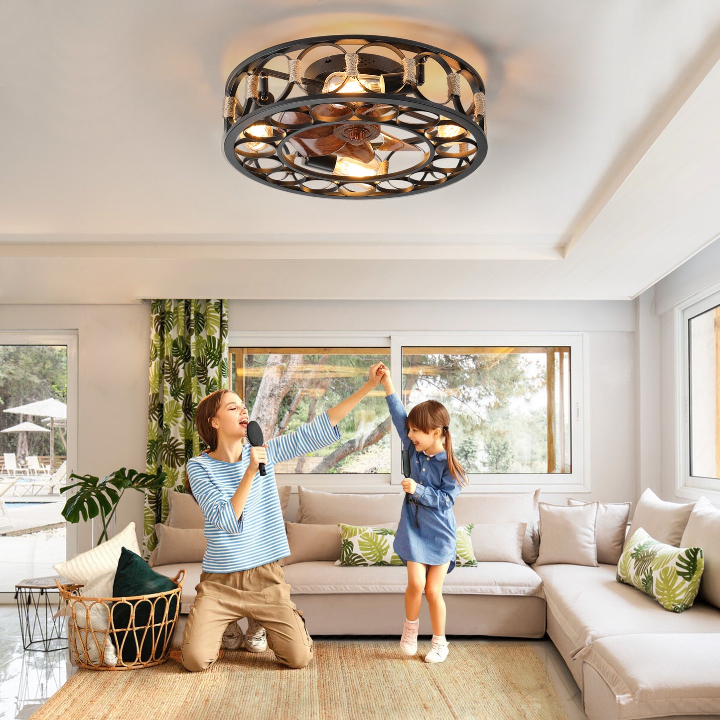Rustic industrial ceiling fan with woven rope accents and exposed bulbs modern farmhouse style