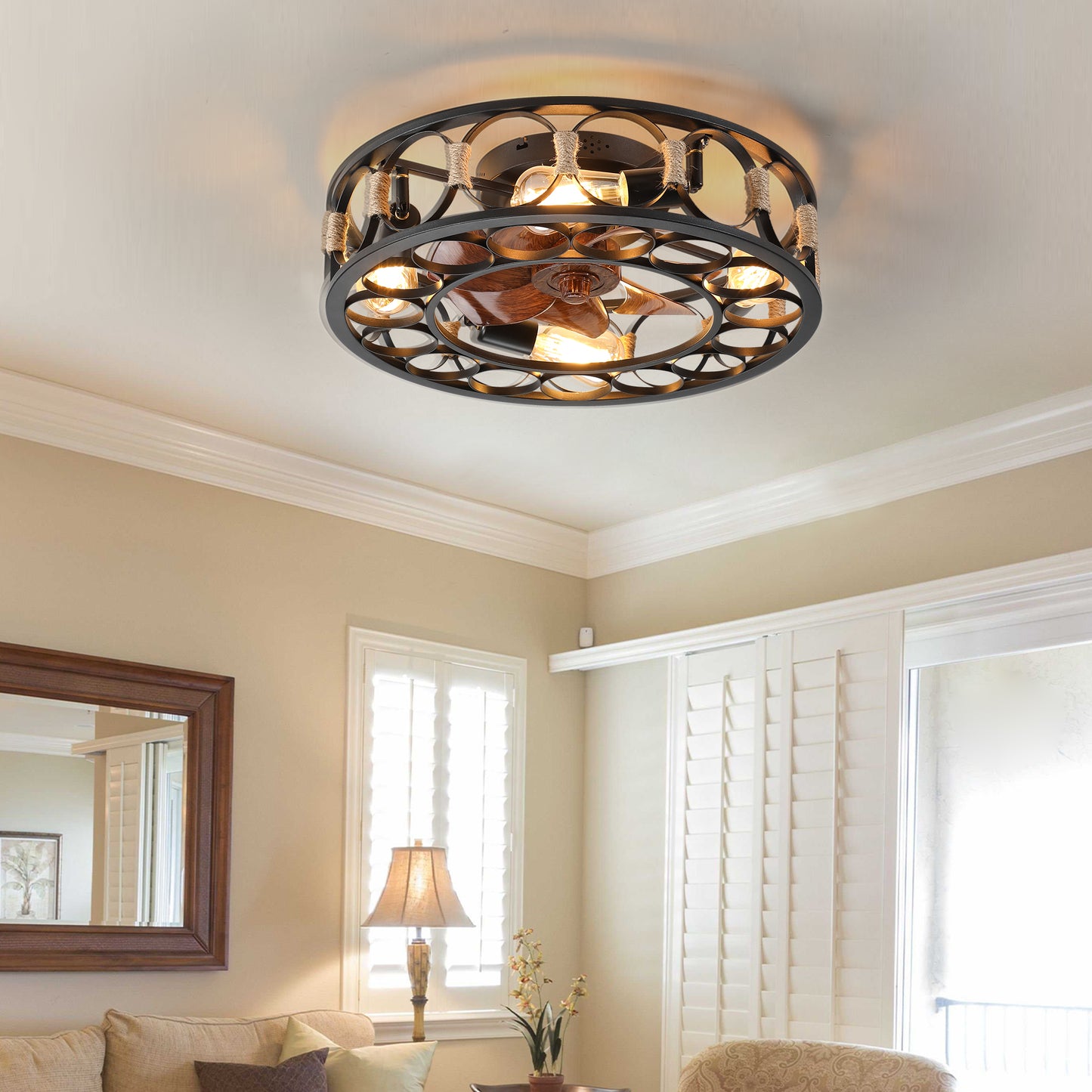 Rustic flush mount ceiling fan with black metal and rope accents four fan speeds