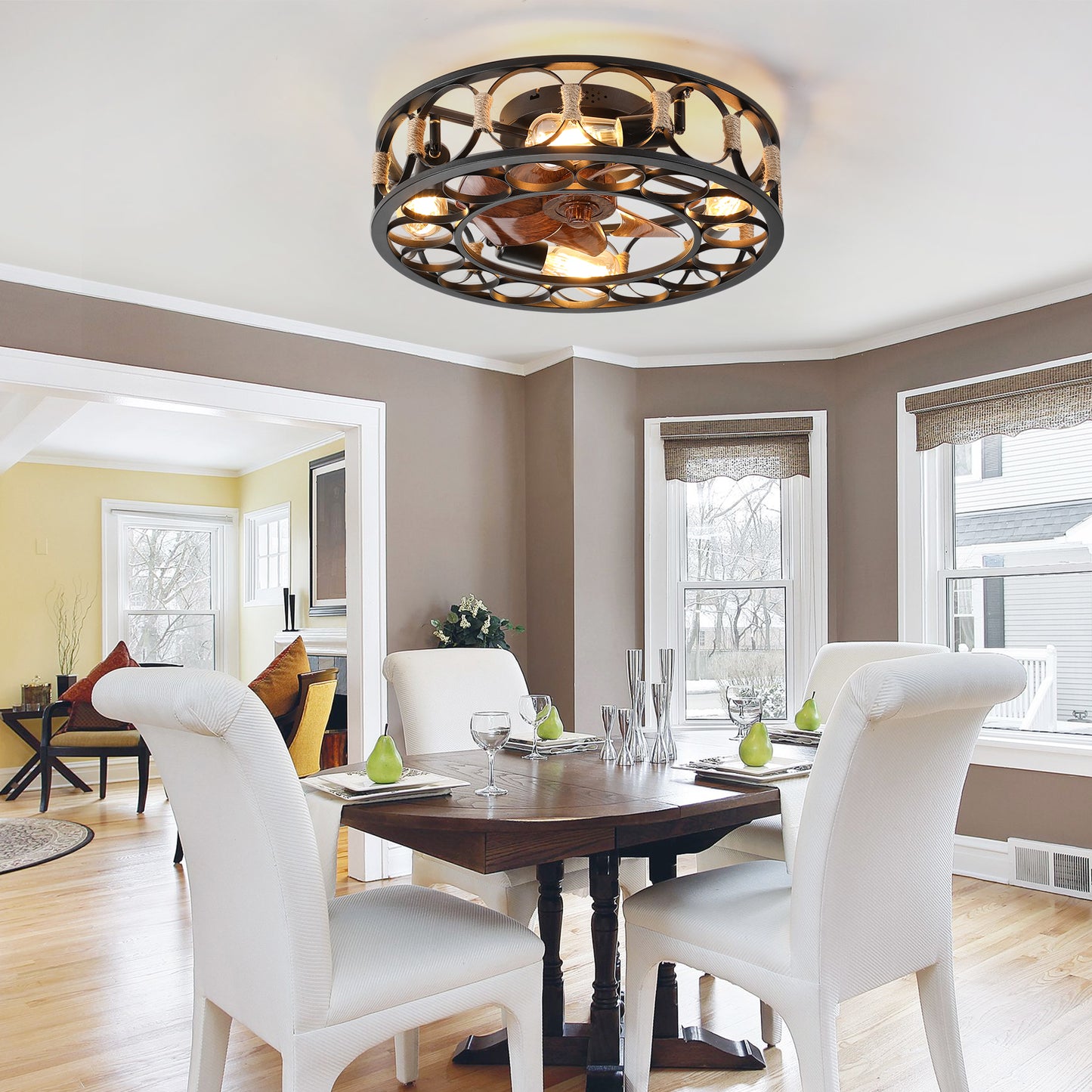 Farmhouse black metal flush mount ceiling fan with rope accents and Edison bulbs