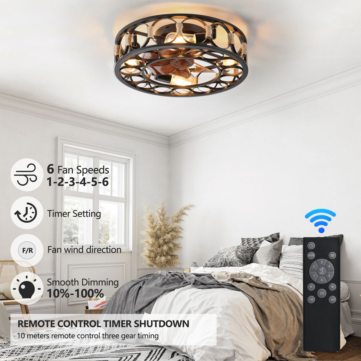 Rustic industrial ceiling fan with lights featuring black metal frame and natural rope accents ideal for modern farmhouse decor
