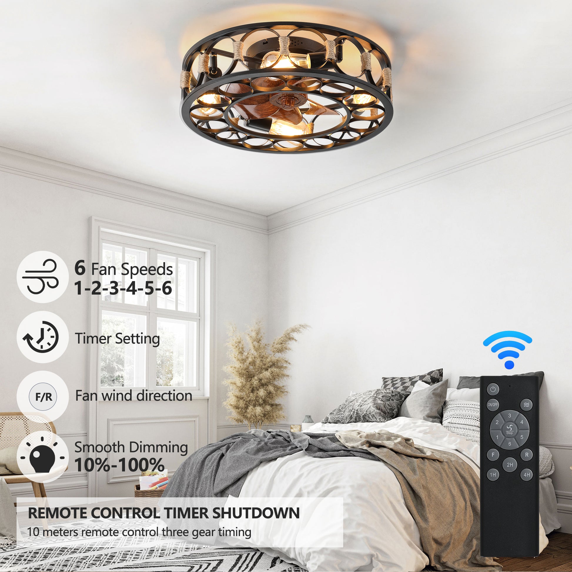 Rustic industrial ceiling fan with lights featuring black metal frame and natural rope accents ideal for modern farmhouse decor