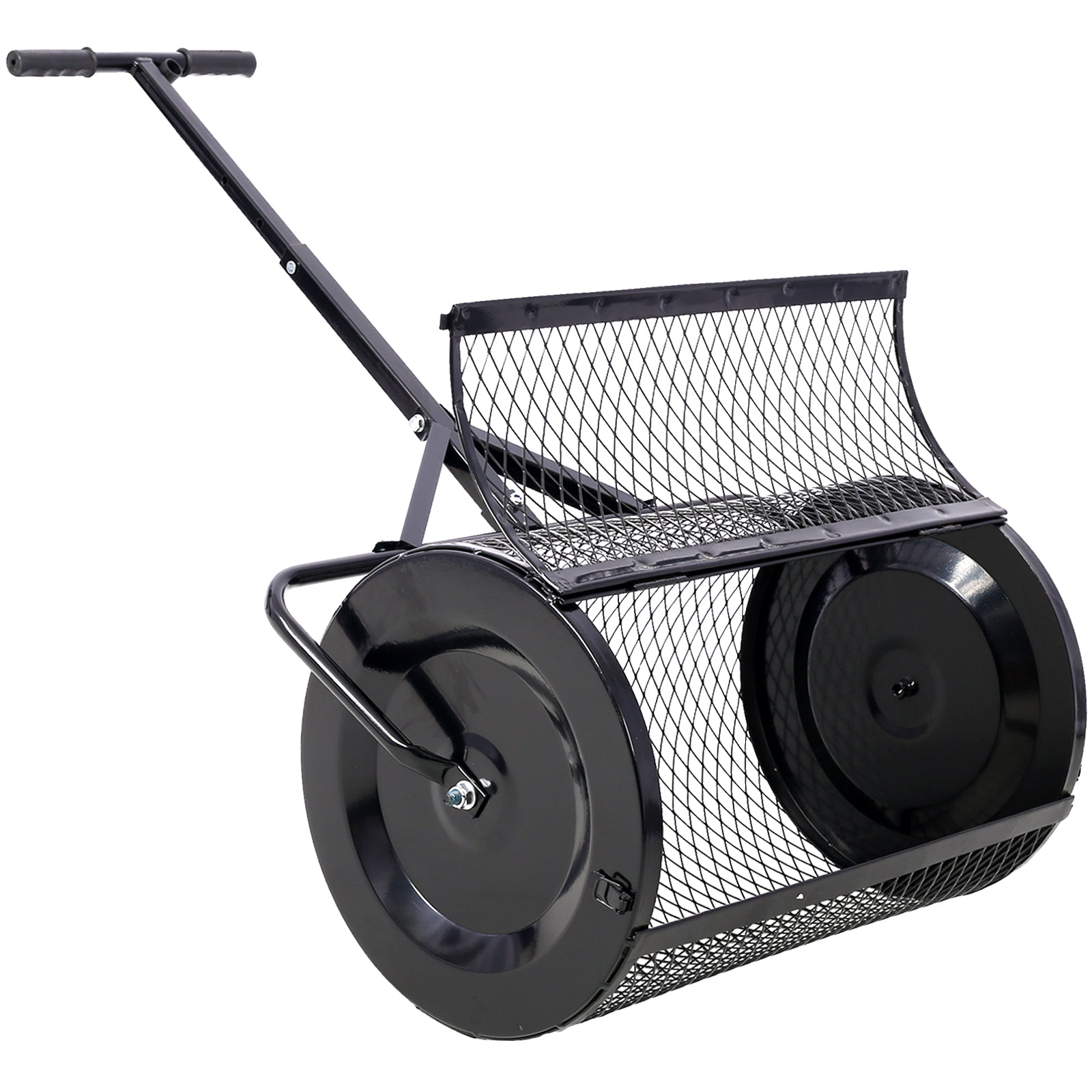 Black metal lawn roller with mesh basket for soil compaction and seed spreading