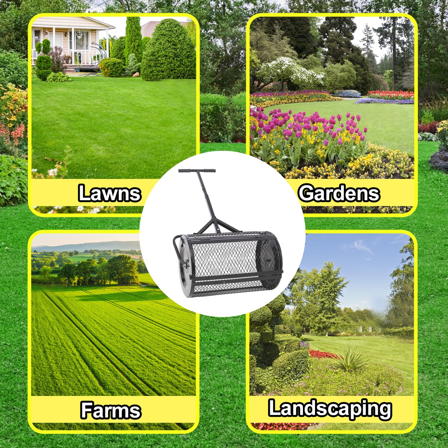 Black lawn aerator roller with a mesh drum and Thandle for easy operation
