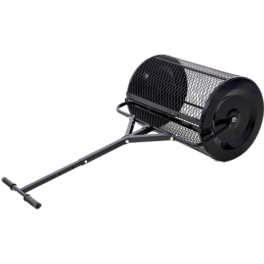 Black metal yard aerator with rotating drum and Thandle for easy maneuverability