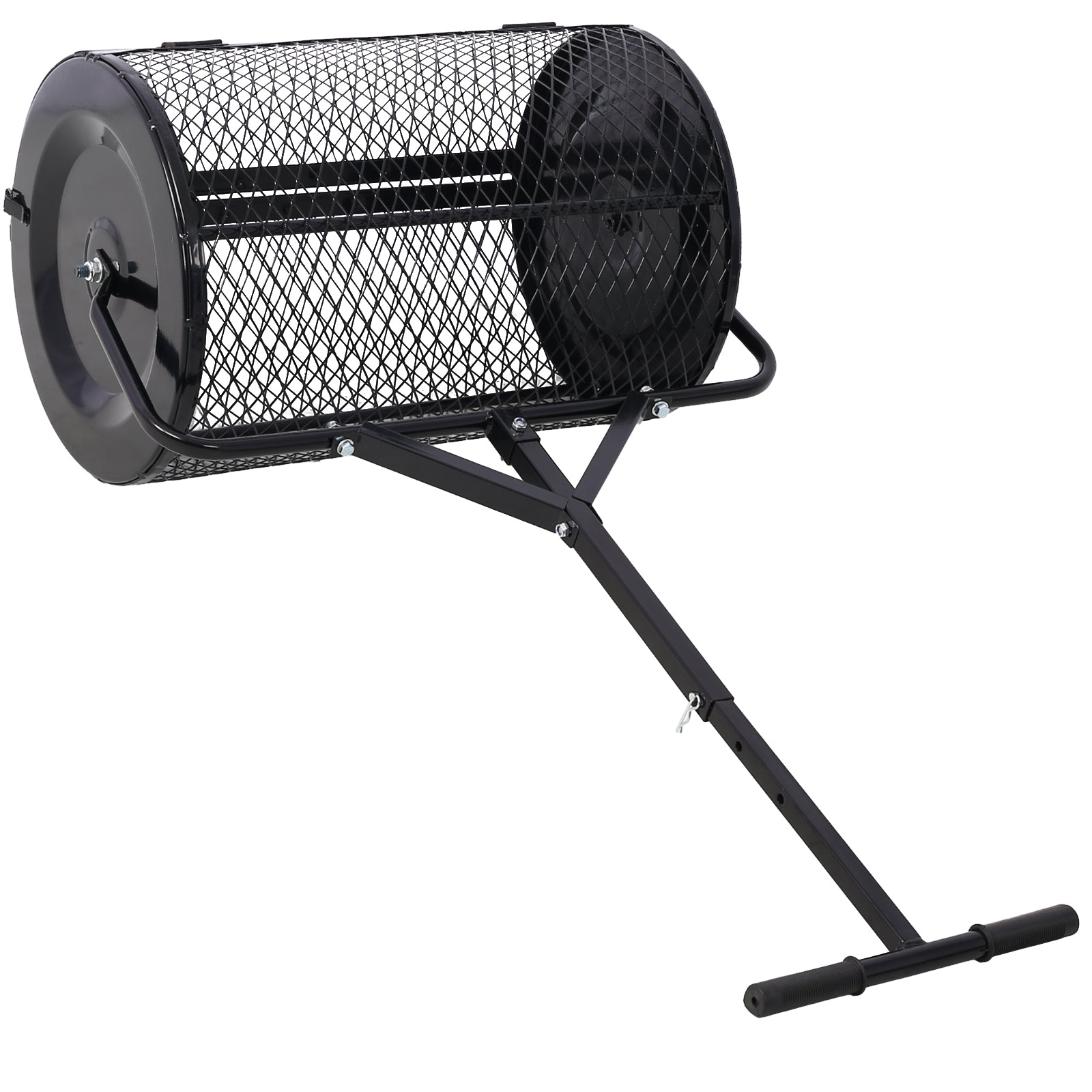 Black metal rotisserie basket with rolling handle for outdoor cooking