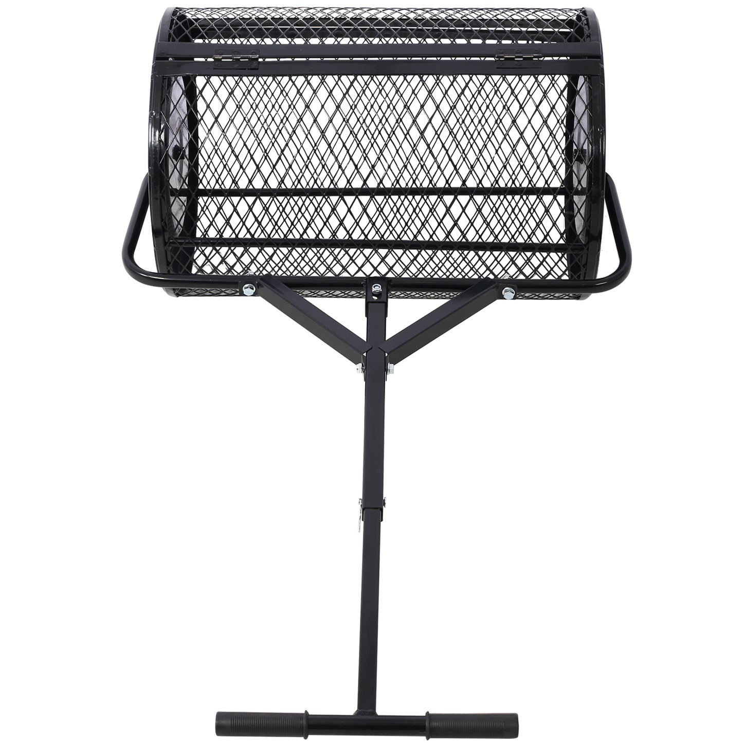 Black metal mesh rotisserie spit for grilling meats evenly over open flame