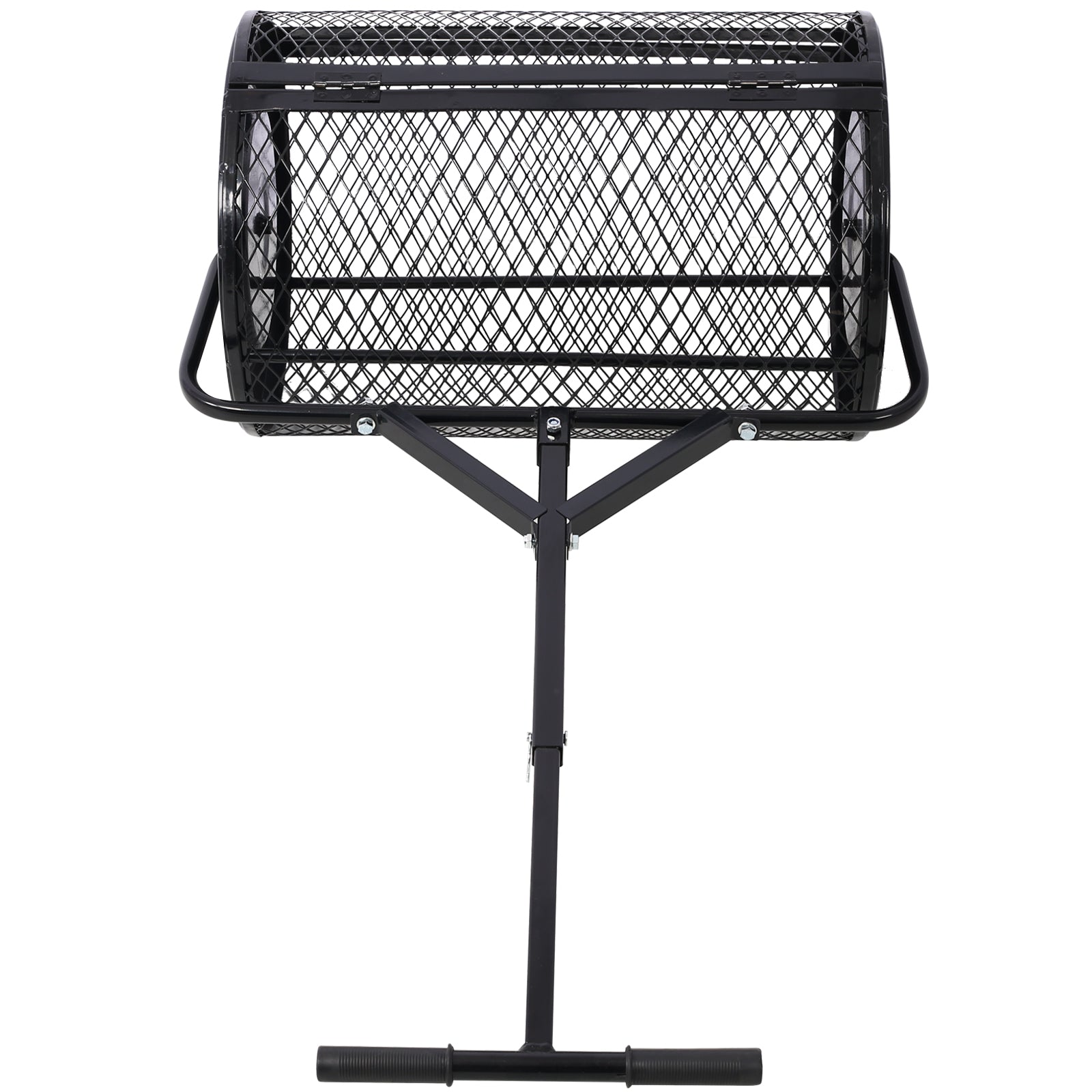 Black metal mesh rotisserie spit for grilling meats evenly over open flame