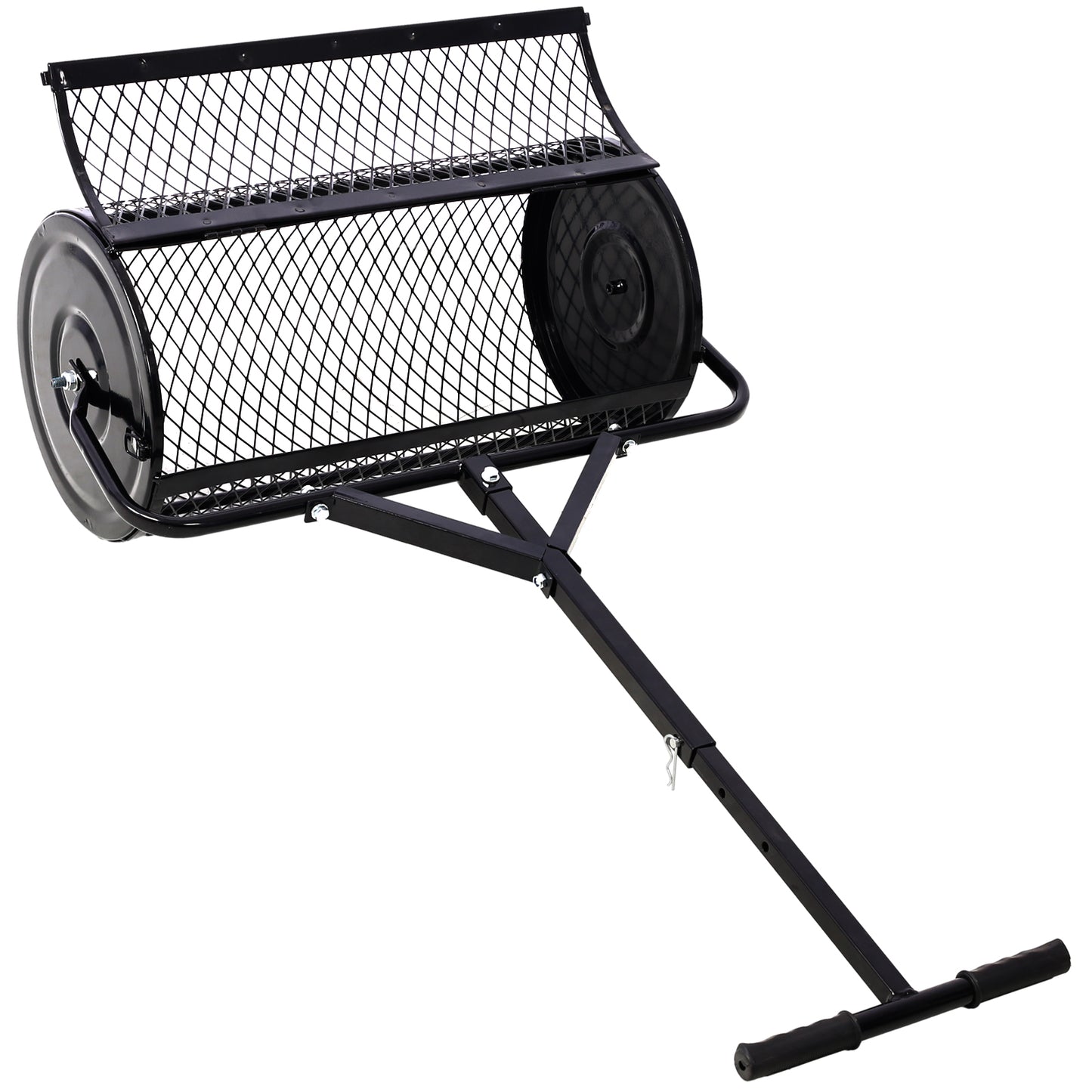 Black steel towbehind lawn roller with a mesh hopper for aerating soil and smoothing turf