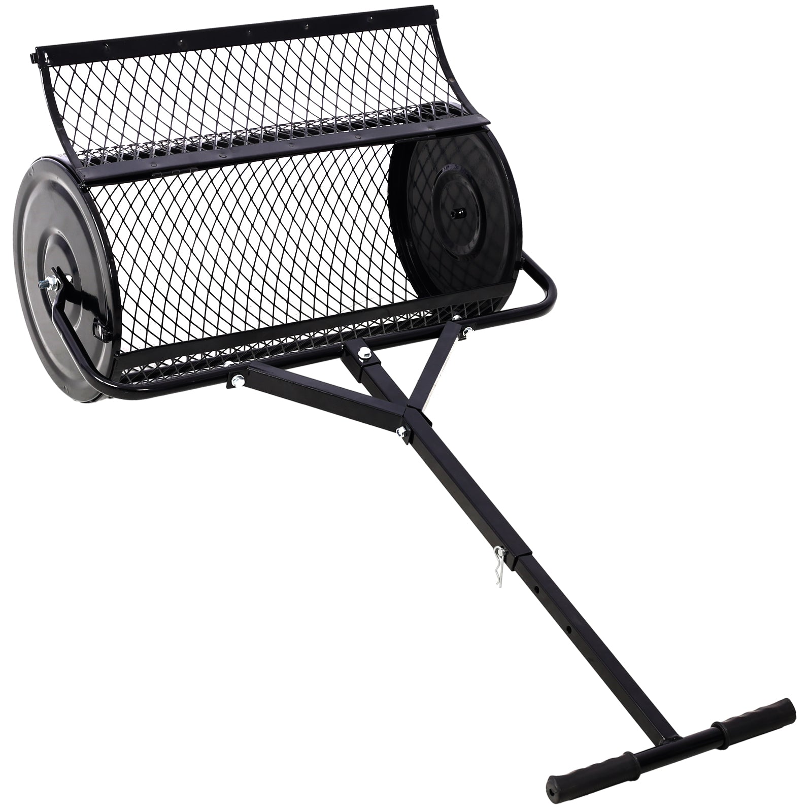 Black steel towbehind lawn roller with a mesh hopper for aerating soil and smoothing turf