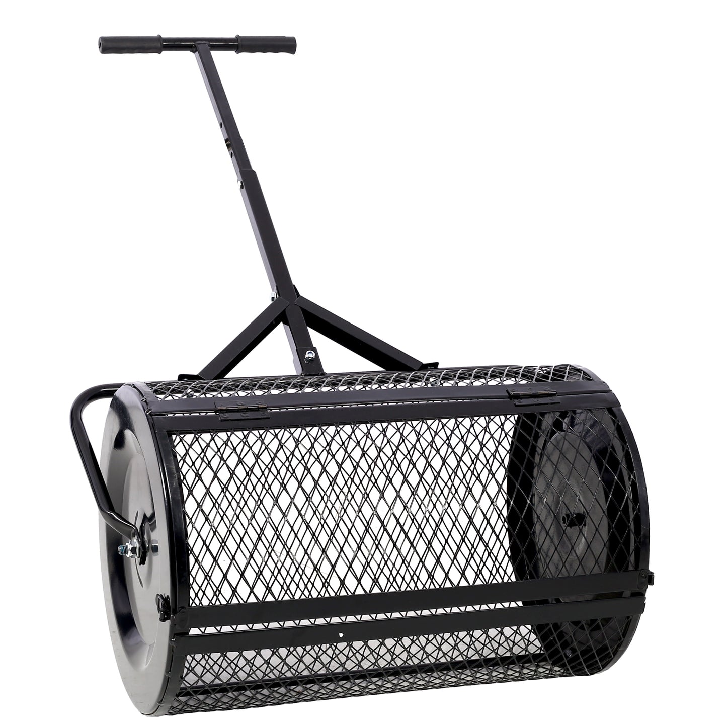 Black metal yard cart with mesh drum for collecting leaves and debris