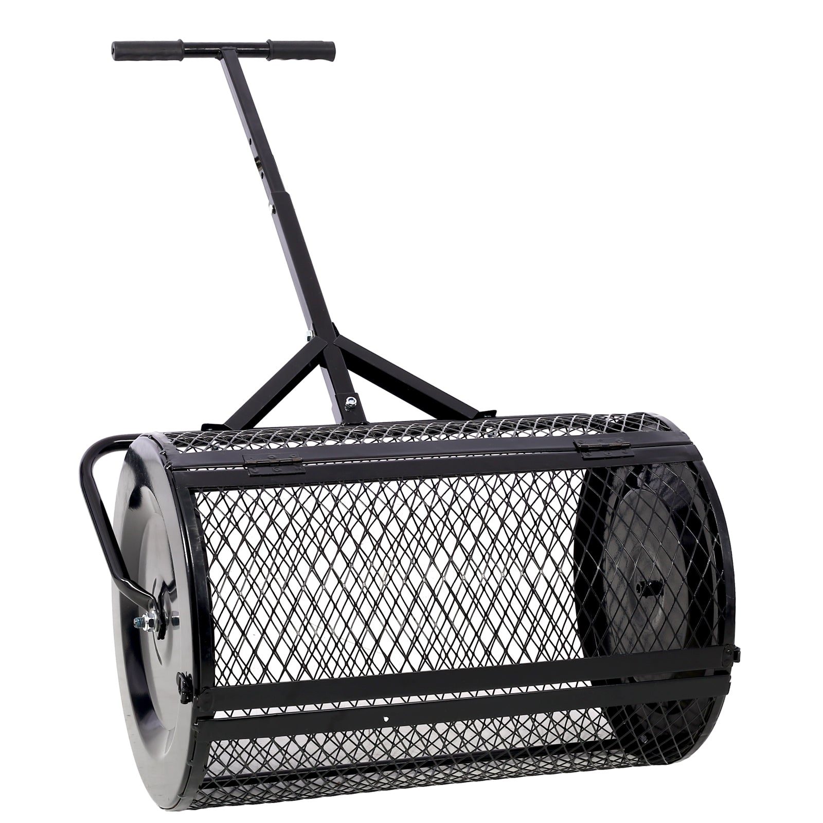 Black metal yard cart with mesh drum for collecting leaves and debris