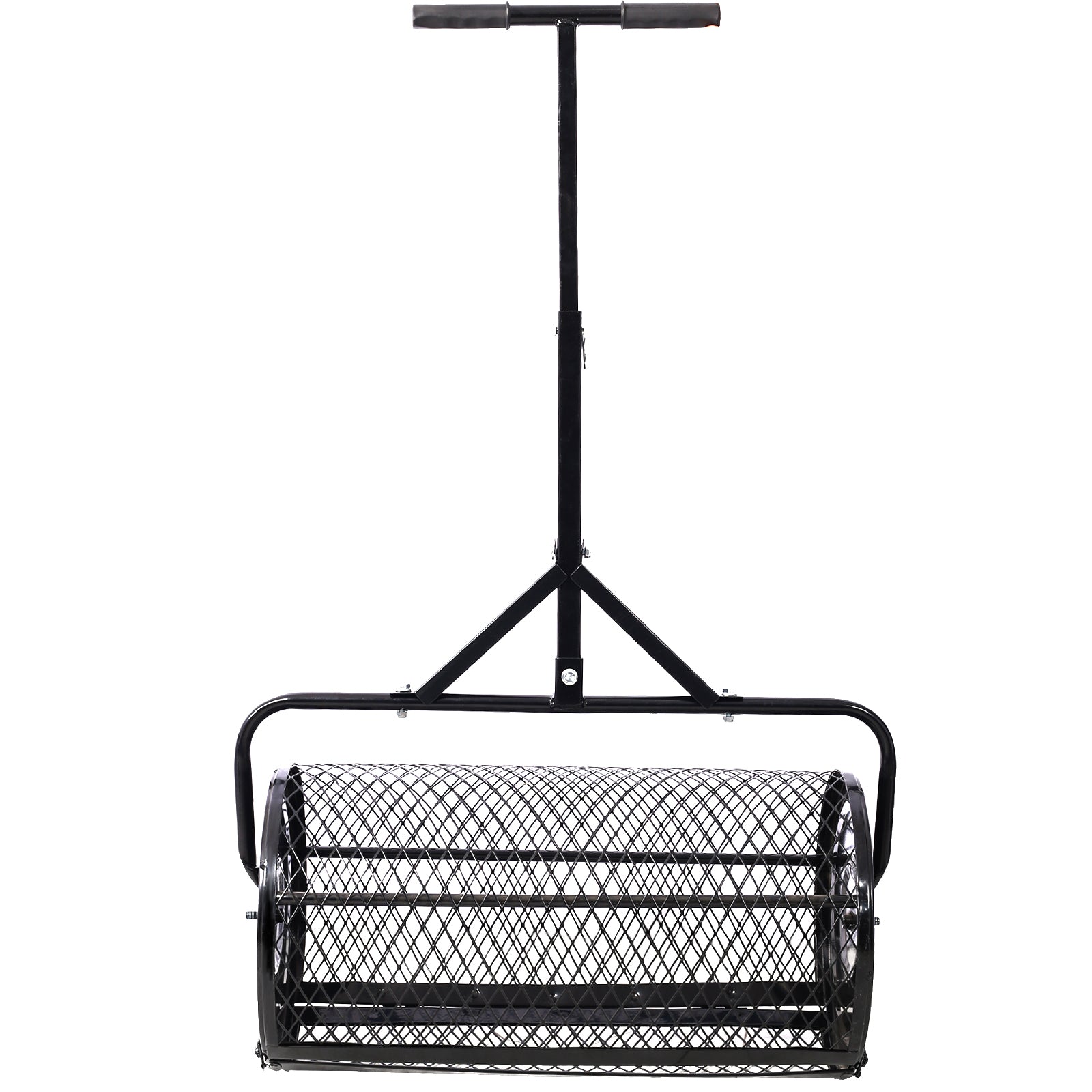 Black metal yard roller with Thandle for efficient lawn leveling and soil compaction