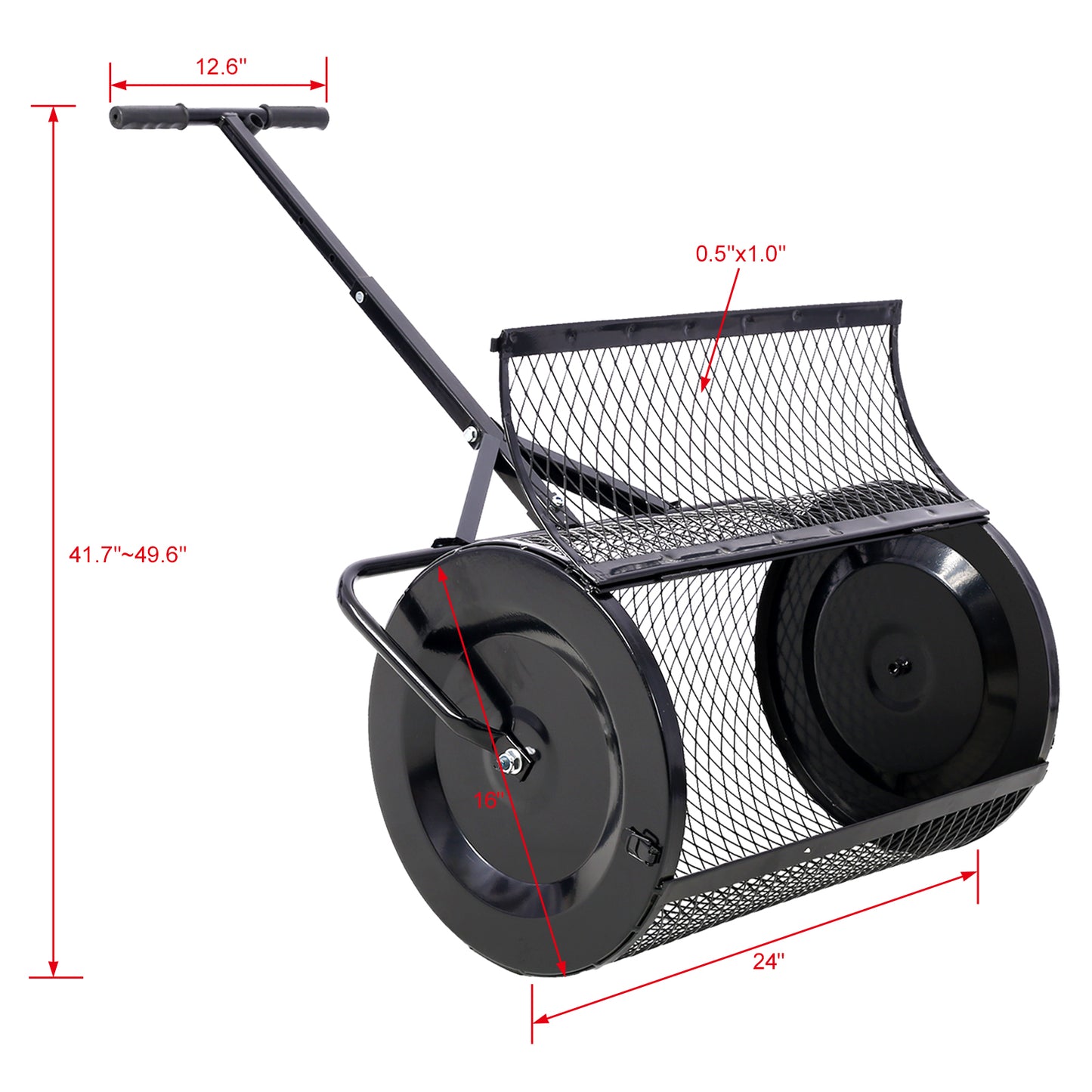 Black metal push lawn roller with adjustable height handle and large capacity hopper for efficient lawn care