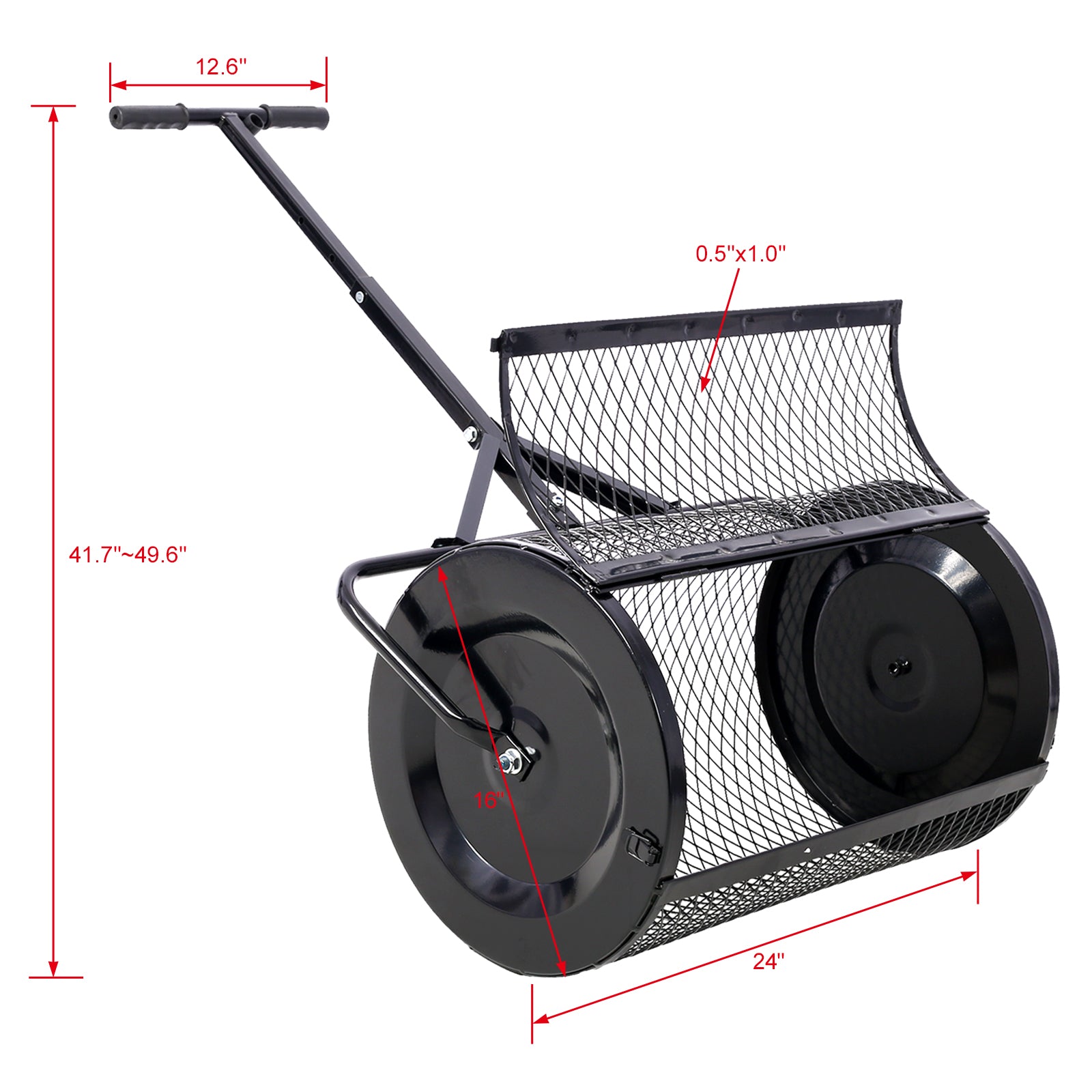 Black metal push lawn roller with adjustable height handle and large capacity hopper for efficient lawn care