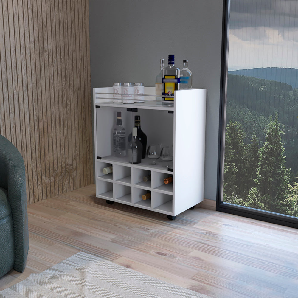 Compact white bar cart with wine cubbies and glass storage