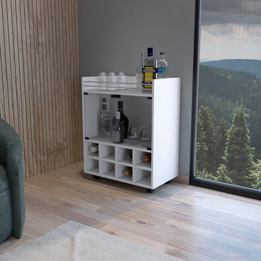 Compact white bar cart with wine cubbies and glass storage