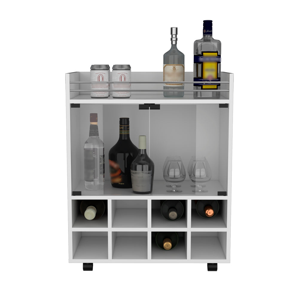 White modern bar cart with multiple bottle compartments and glassware