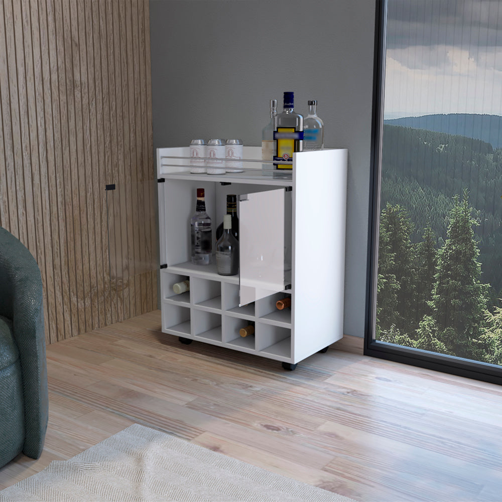 White modern bar cart with wine rack and bottle storage