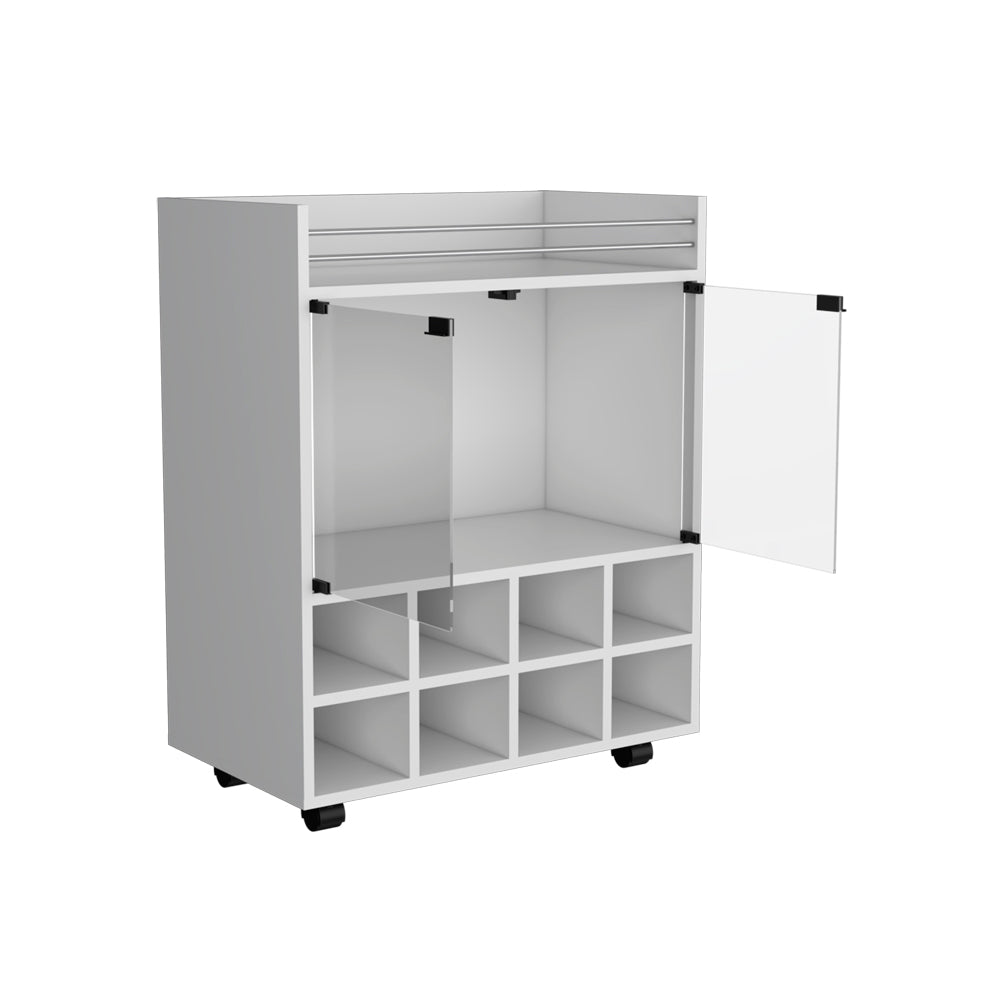 White modern bar cabinet with glass doors and wine bottle cubbies