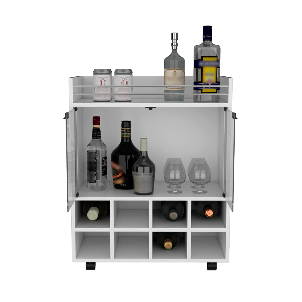 Modern white bar cart with glass doors and multiple shelves
