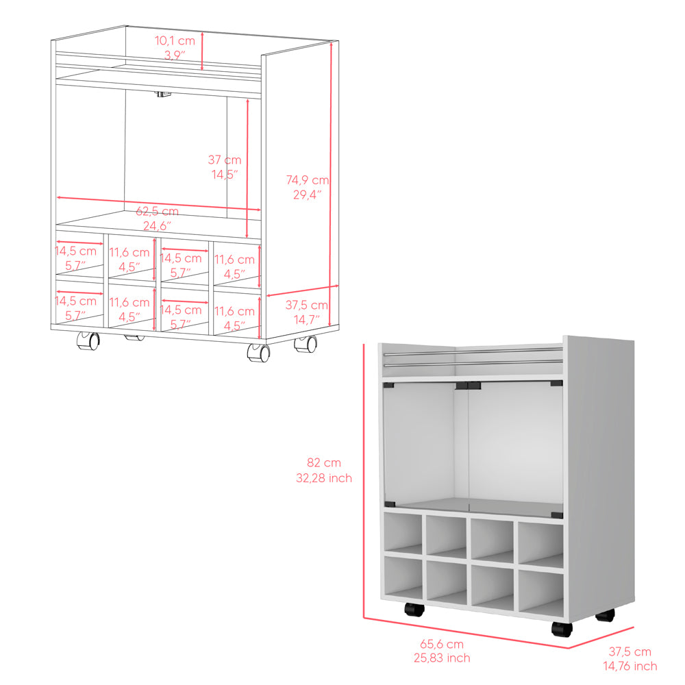 White rolling bar cart with multiple compartments and dimensions displayed