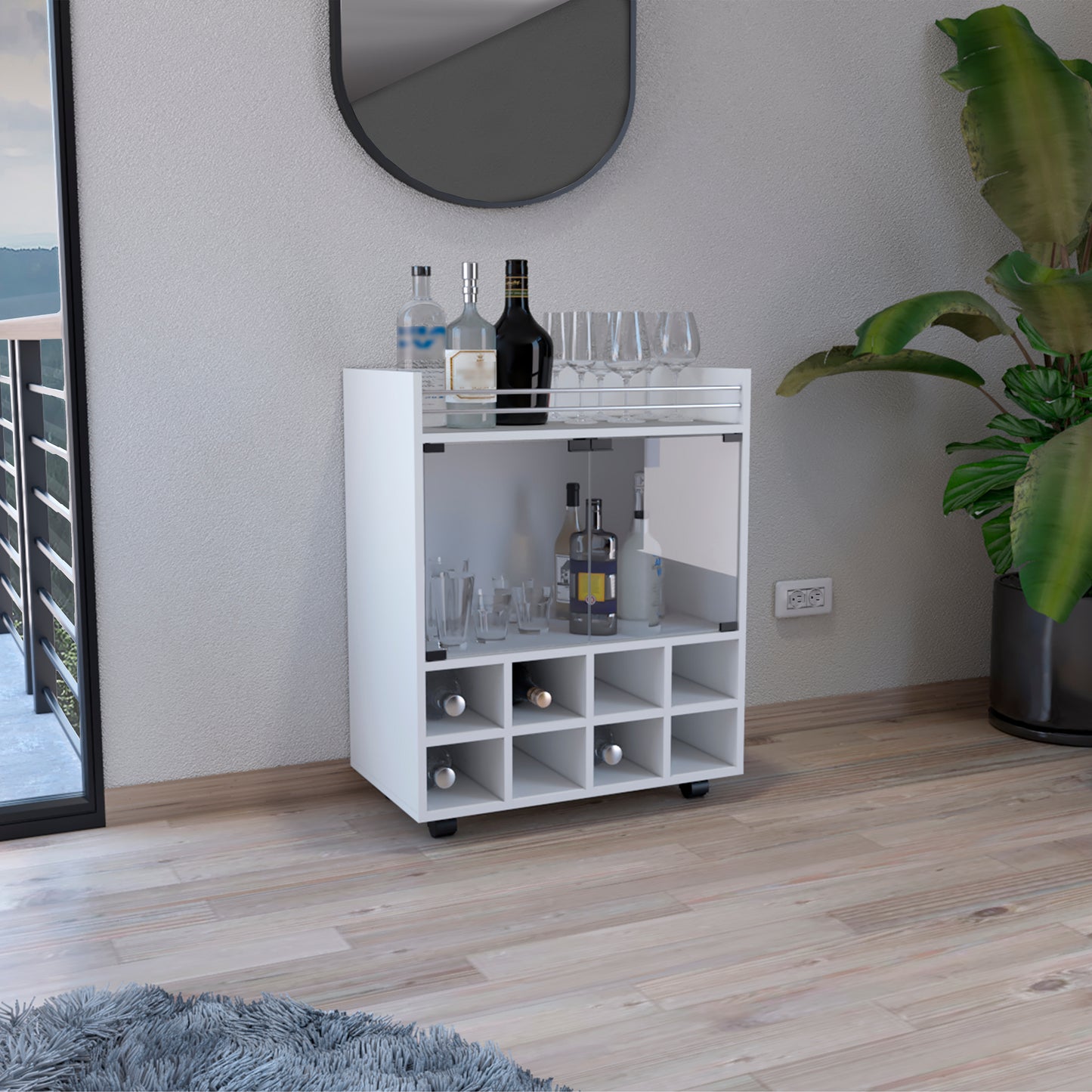 Modern white bar cabinet with wine rack and glassware