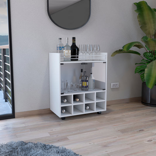Modern white bar cabinet with wine rack and glassware