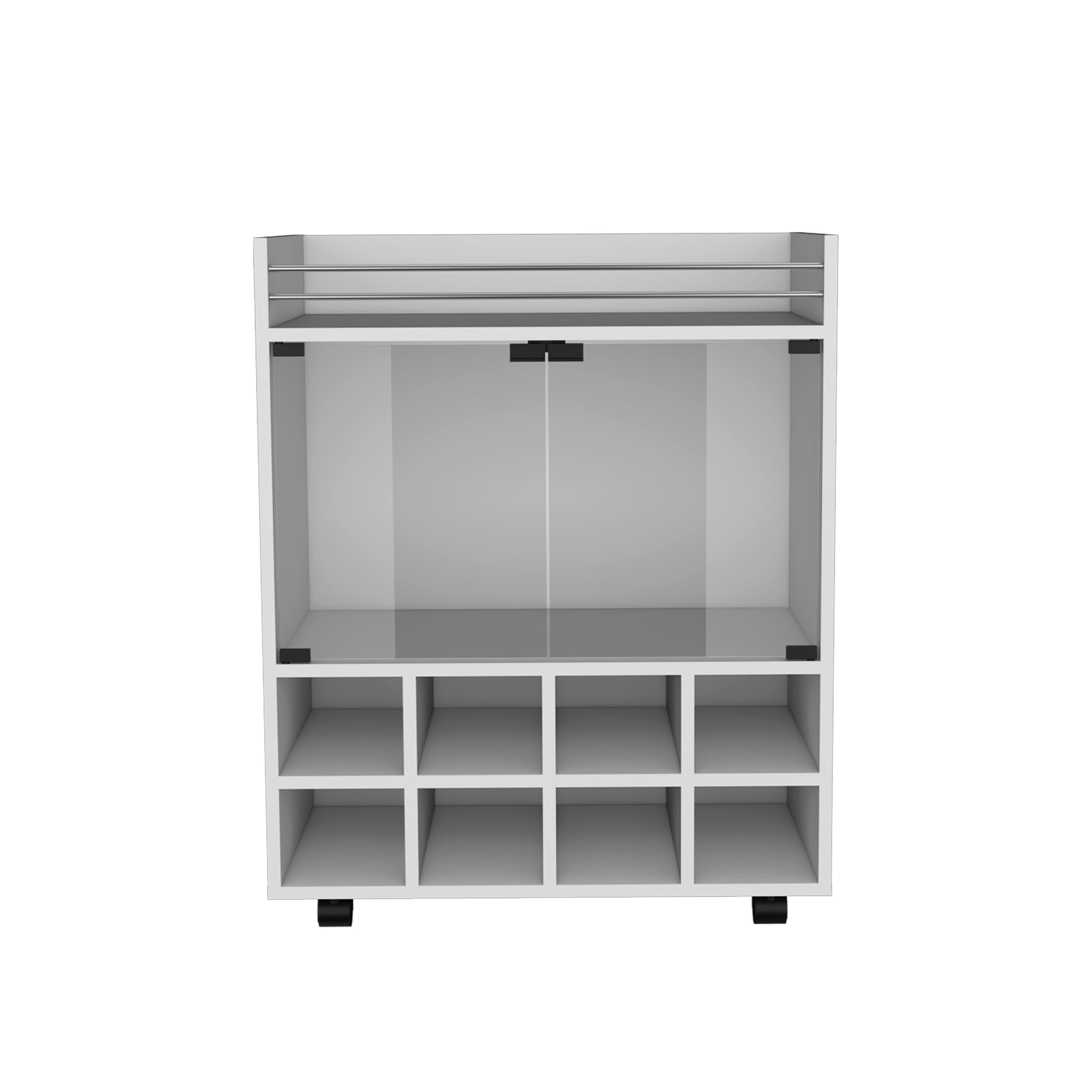 White display cabinet with glass doors and eight lower shelves