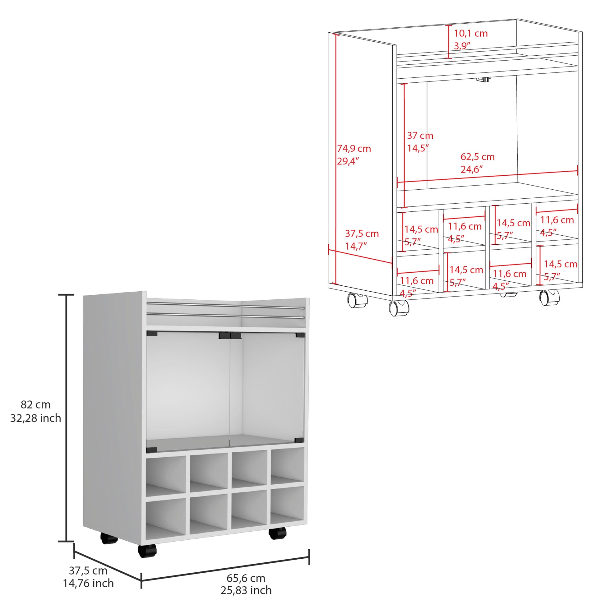 White rolling bar cart with multiple cubbies