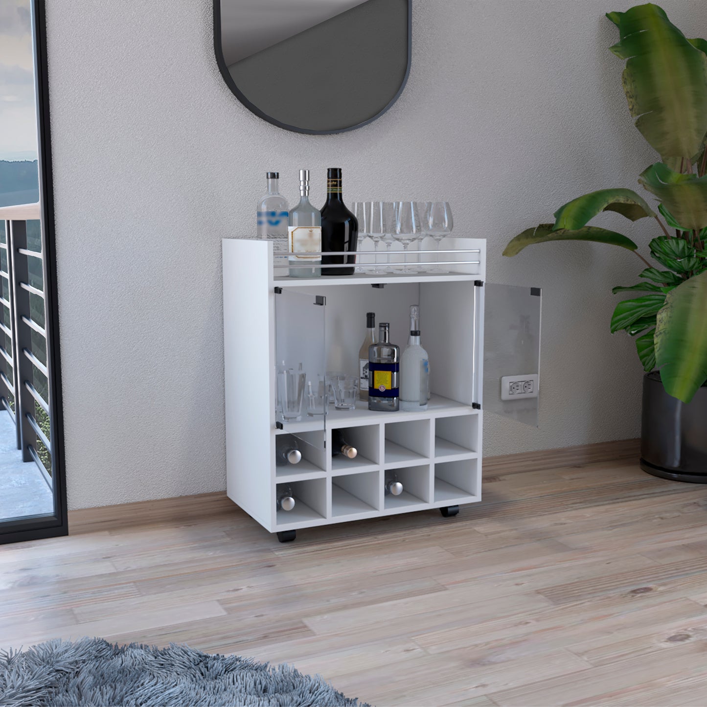 White bar cart with wine rack and glass holders for home bar use