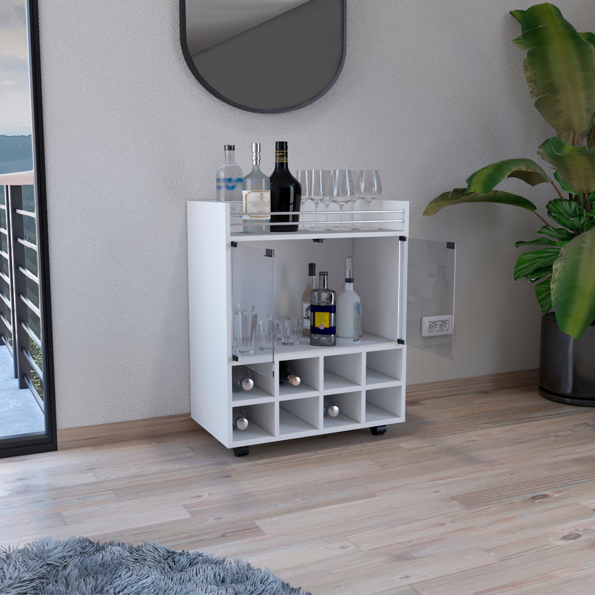 White bar cart with wine rack and glass holders for home bar use