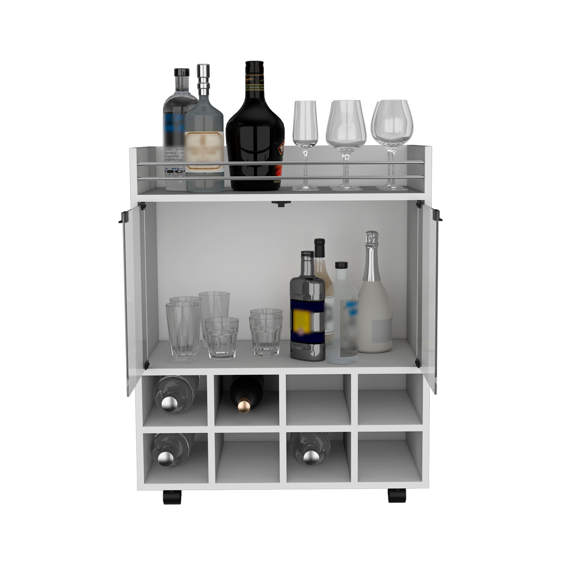 White bar cabinet with assorted bottles and glasses on shelves