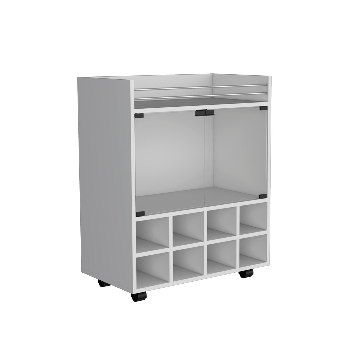 Modern white bar cart with cubbies and wheels for easy mobility
