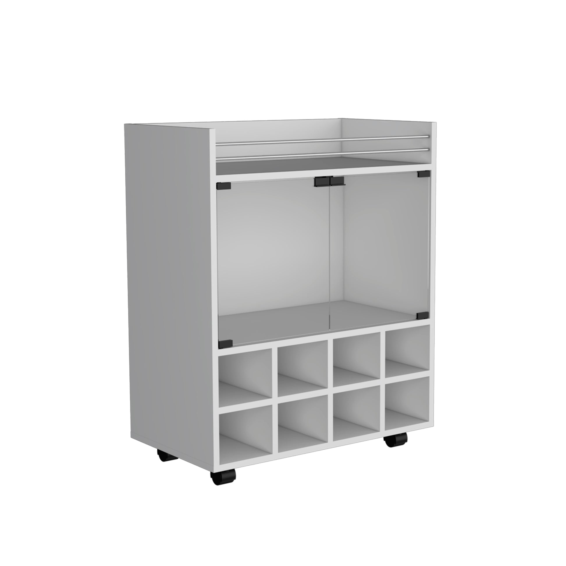 Modern white bar cart with cubbies and wheels for easy mobility