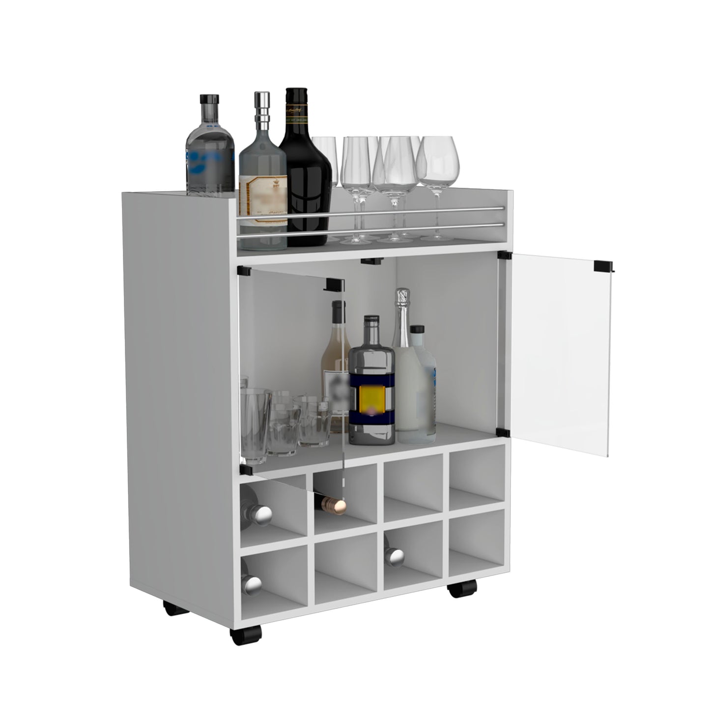 Modern white bar cart with wine rack and glass shelves
