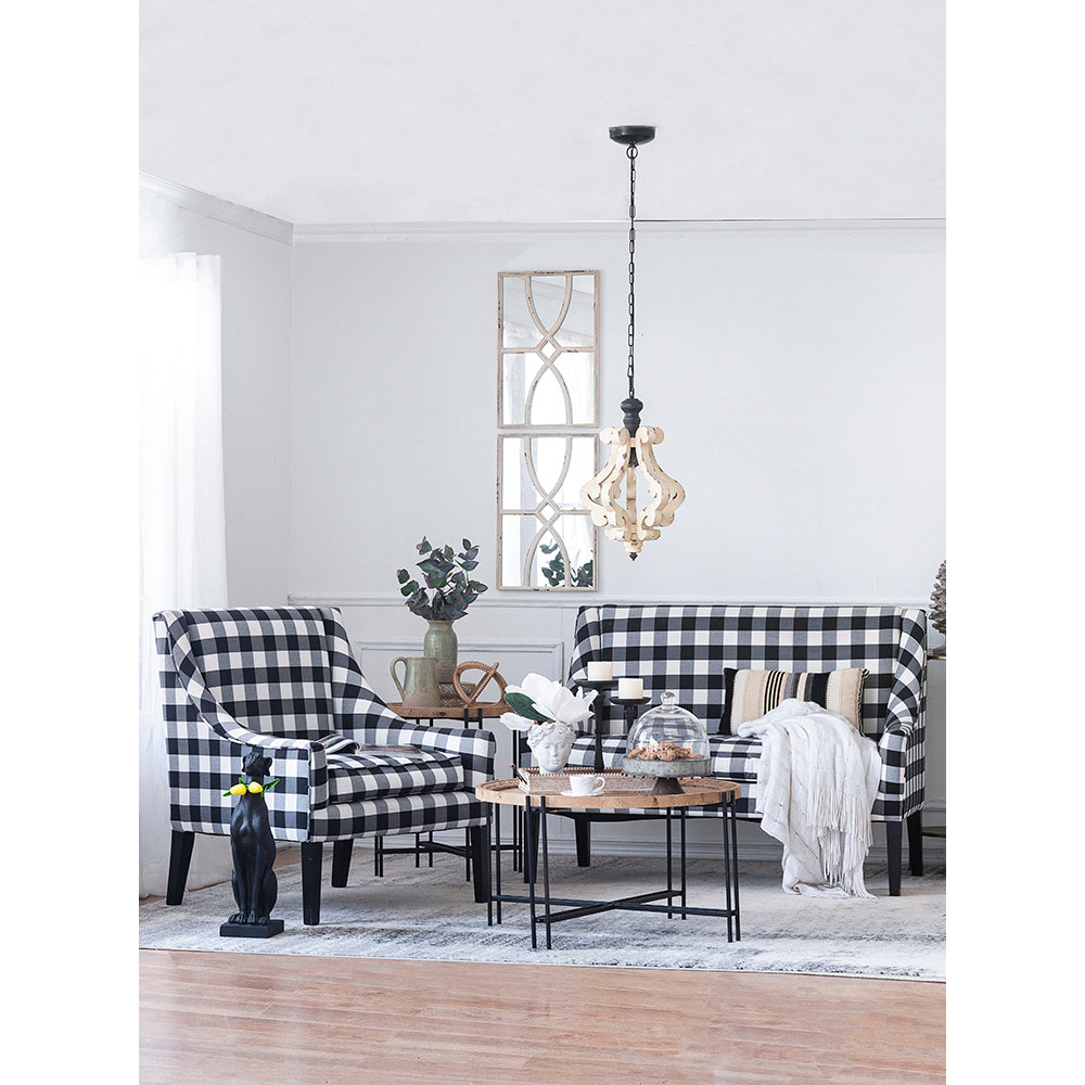 Black and white buffalo check armchair with yellow flower accent