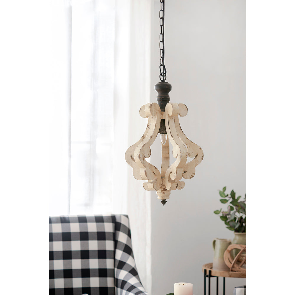 Distressed white wood chandelier with ornate scrolling antique farmhousestyle pendant light