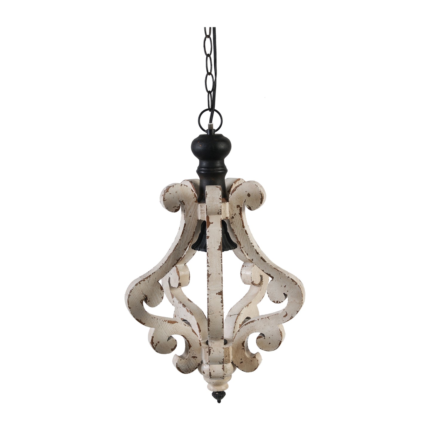 Rustic white distressed wood chandelier with black metal accents and chain