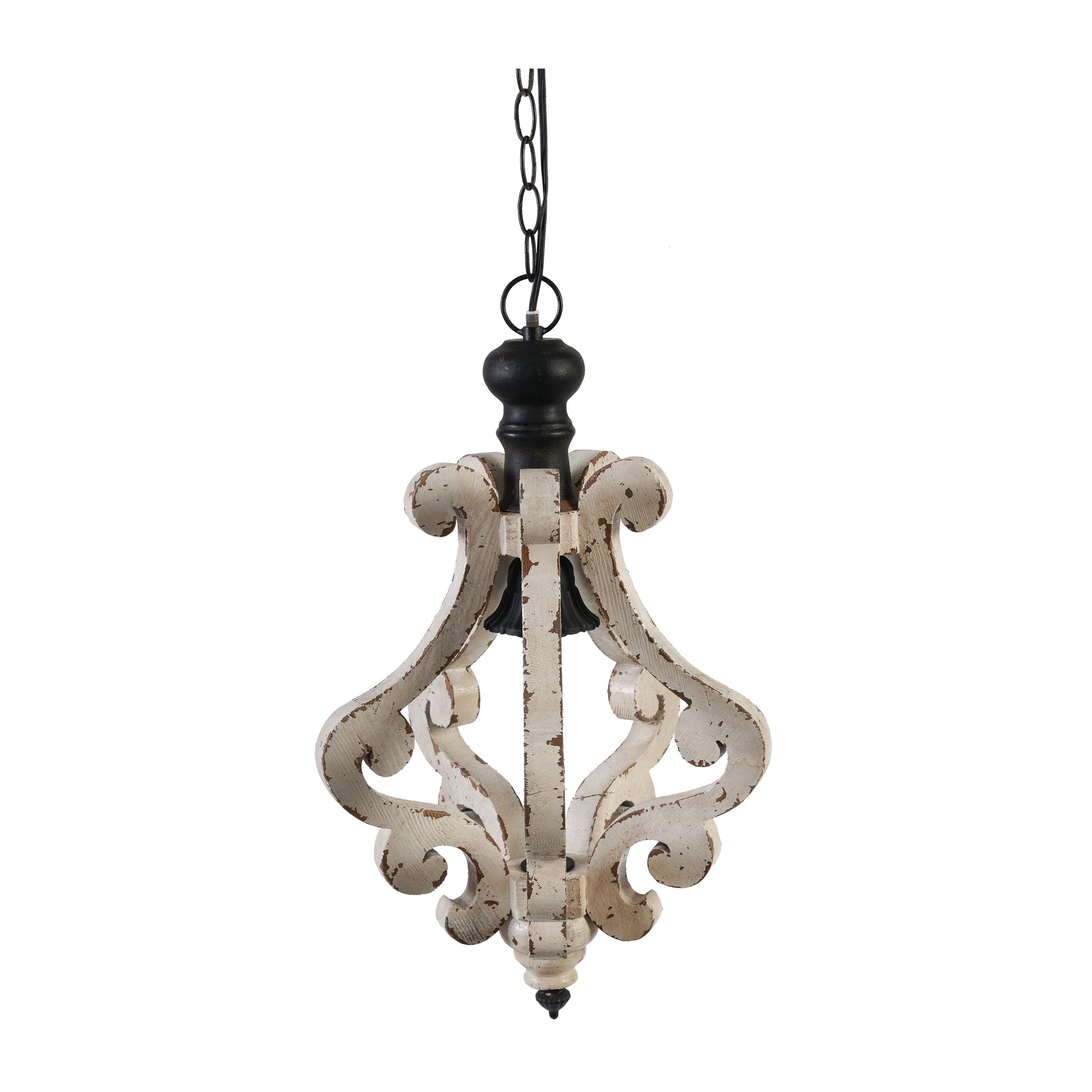 Rustic white distressed wood chandelier with black metal accents and chain