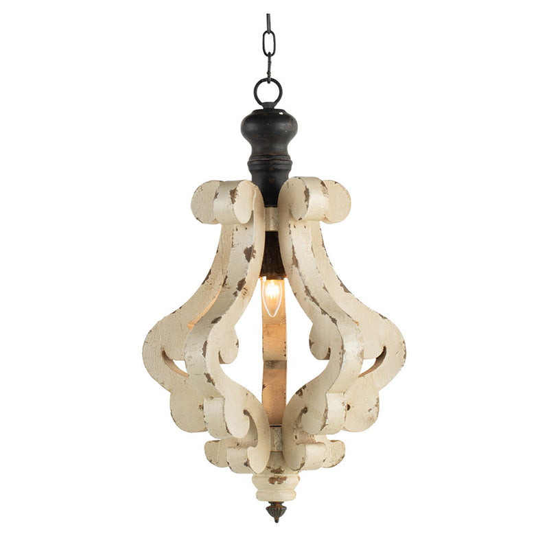 Antique white distressed wood chandelier with black metal accents
