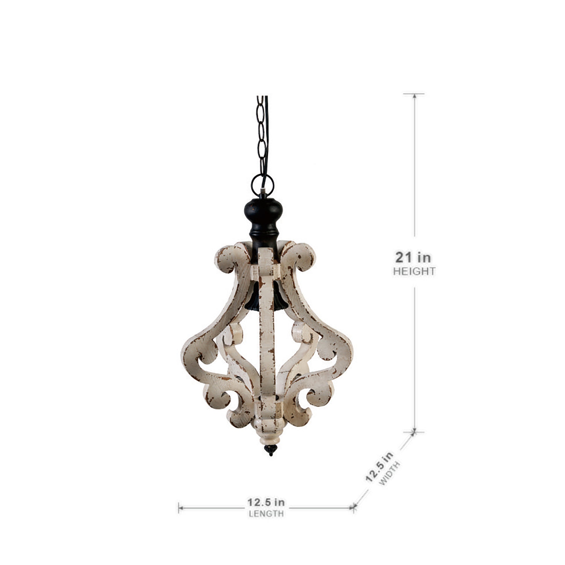 Distressed white wooden chandelier with ornate scrolling  H