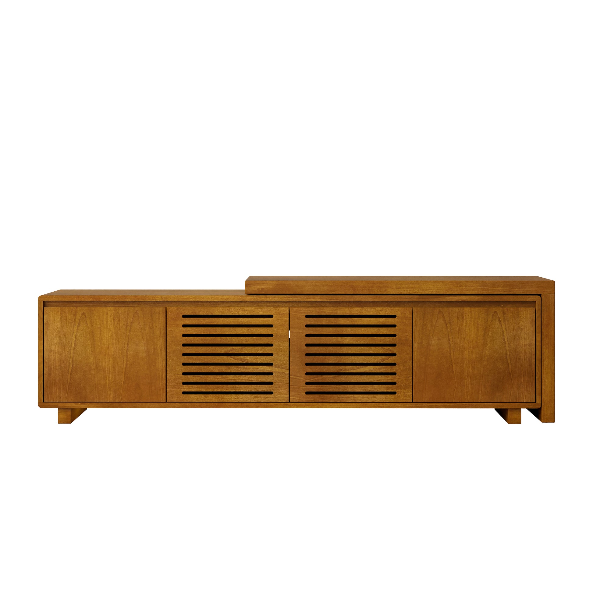 Modern oak media console with slatted cabinet doors and sleek design