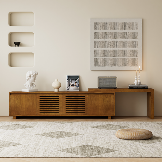 Midcentury modern wooden media console with slatted doors and marble bust