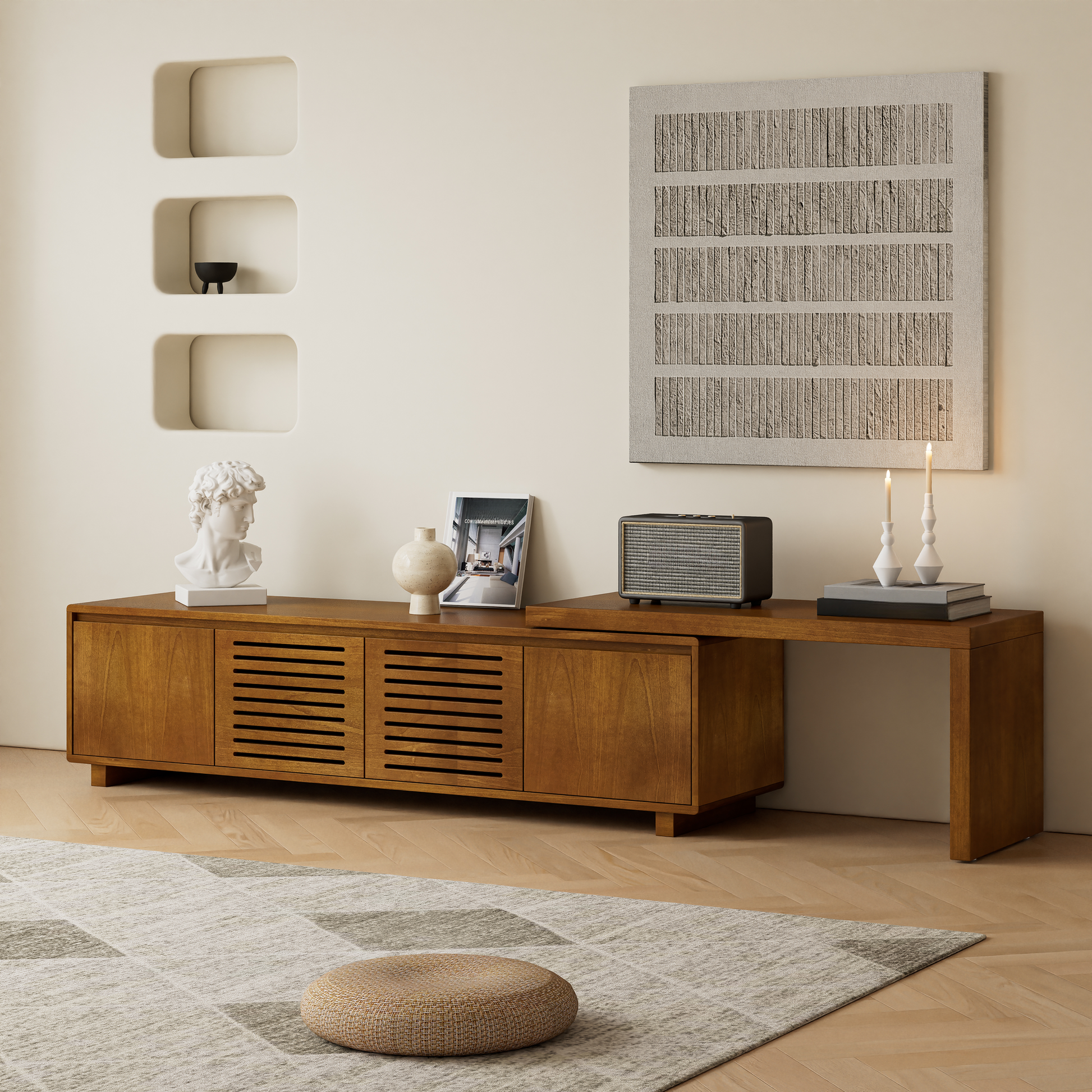 Midcentury modern walnut media console with slatted doors and integrated shelving