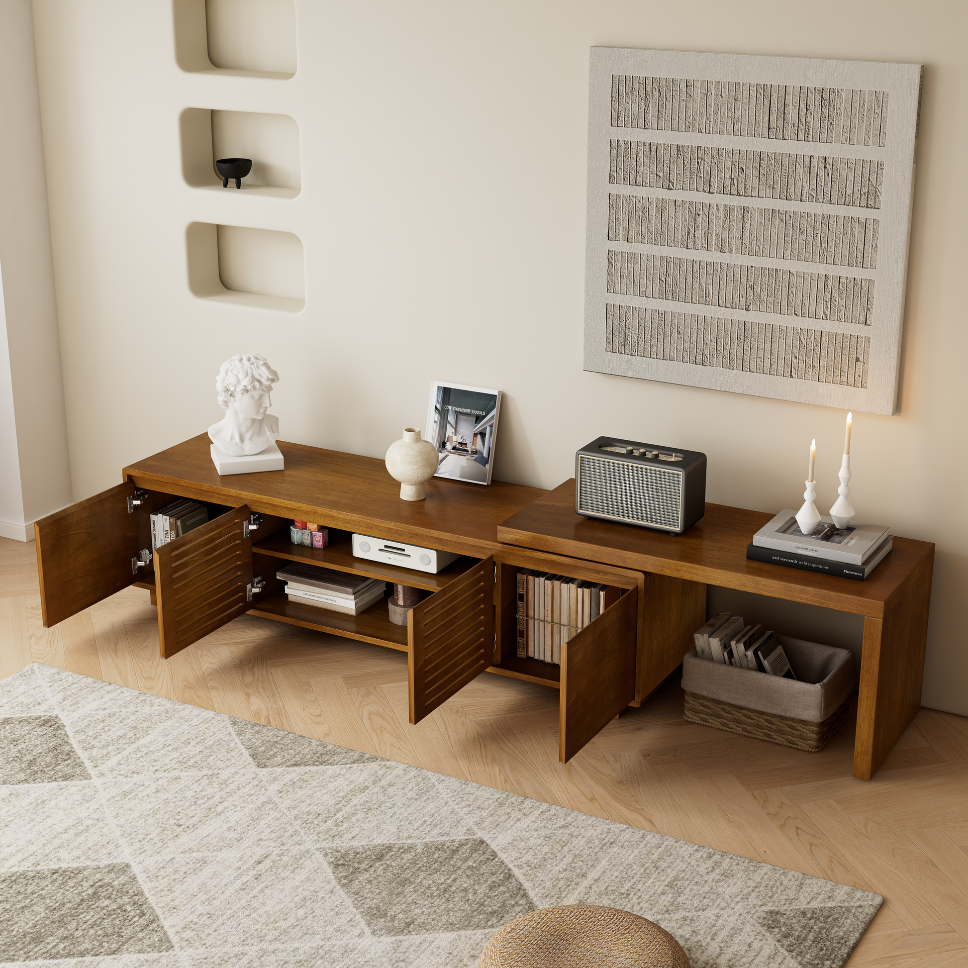 Solid wood TV stand with open cabinet doors displaying books and electronics