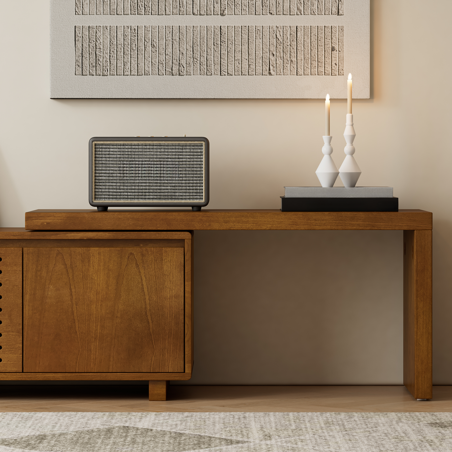 Modern vintage portable speaker with classic plaid grille and walnut finish