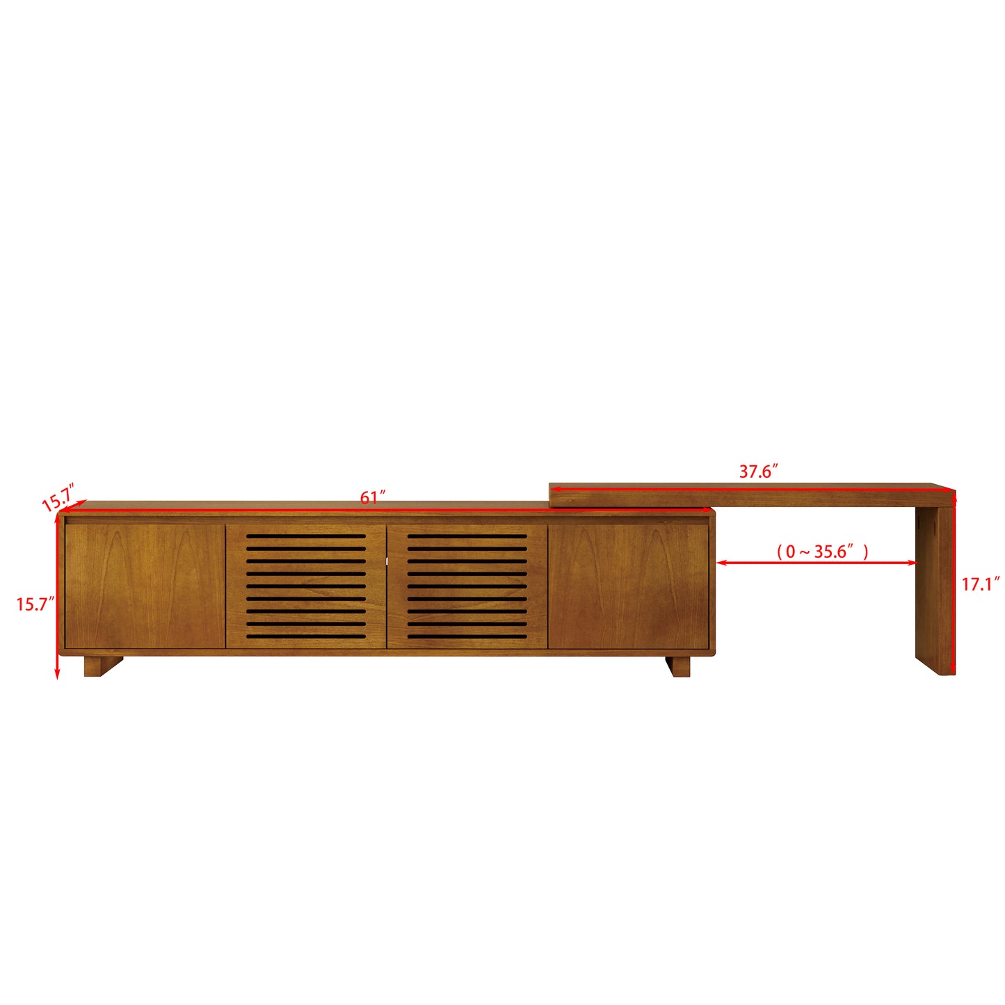 Midcentury modern media console in warm wood finish with slatted doors and extending surface